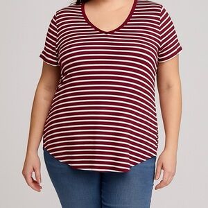 emerette Red & White Striped V‑Neck Tee – XL